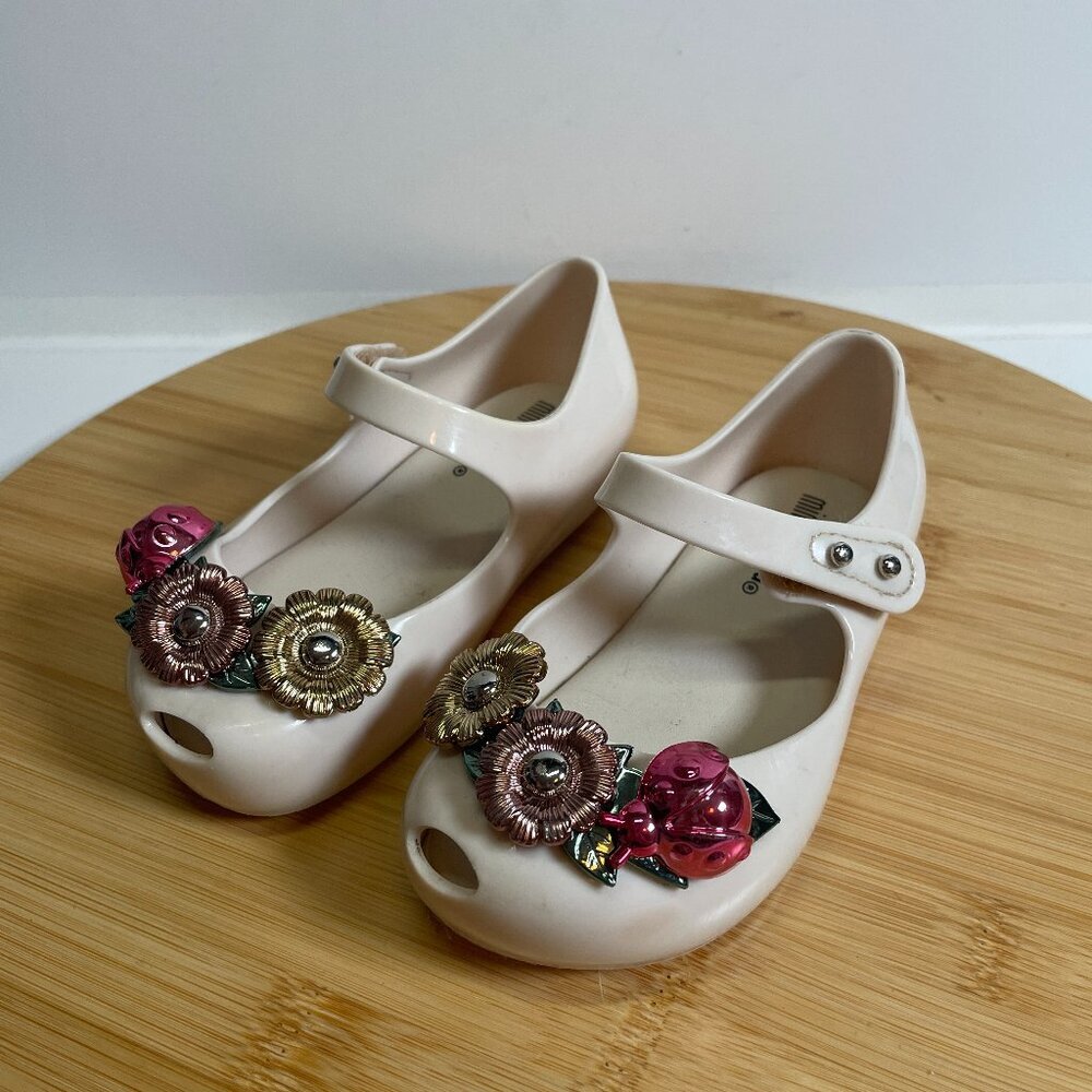 Mini Melissa Girl 7 UltraGirl Ivory Metallic Flowers Ladybug Mary Jane Shoe